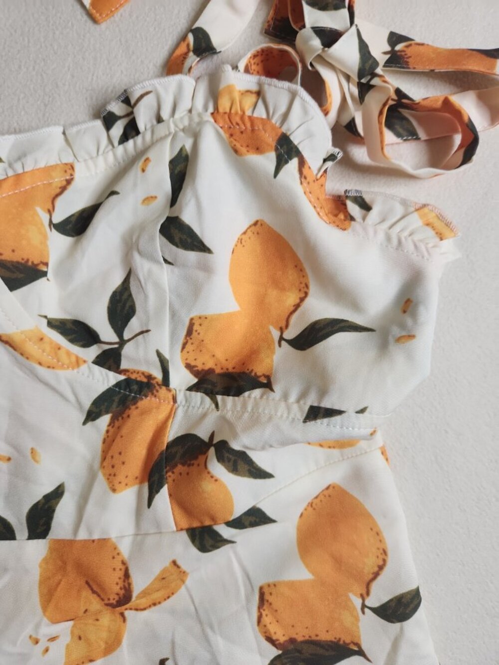CIDER Lemon Print Ruffle Hem Tie Shoulder Mini Dress XL NWT Smocked Back - Picture 5 of 8